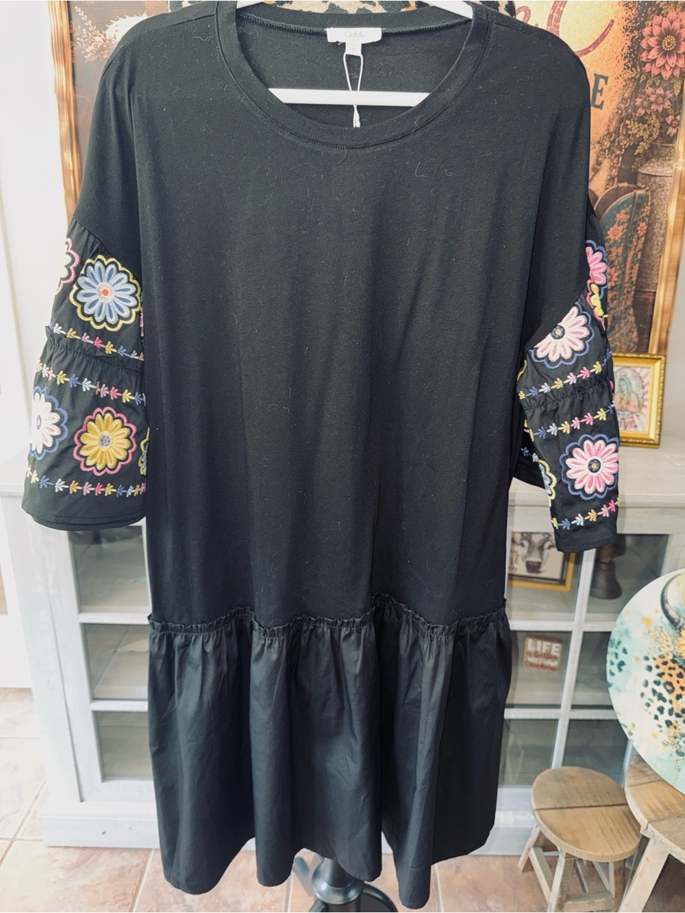 NWT ODDI Women's Black Embroidered Sleeve Tiered Dress Size 1XL